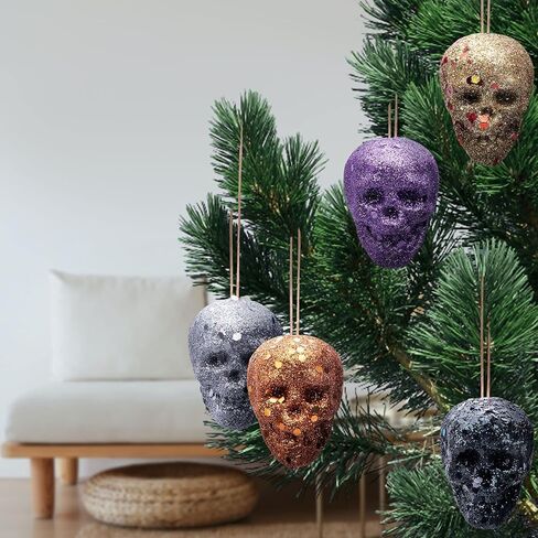 18 PCS Halloween Mini Glitter Hanging Skull Heads-Colorful Foam Hanging Skeleton Head Decoration-Hanging Ornament for Halloween Party and Xmas Tree Supplies(18PCS) in Kuwait
