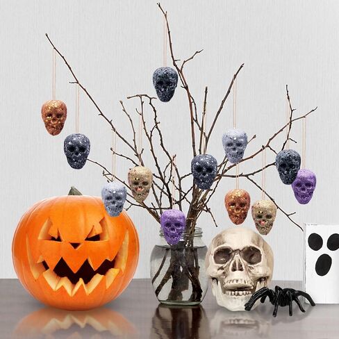18 PCS Halloween Mini Glitter Hanging Skull Heads-Colorful Foam Hanging Skeleton Head Decoration-Hanging Ornament for Halloween Party and Xmas Tree Supplies(18PCS) in Kuwait
