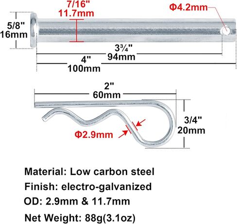 20 Pcs Single Hole Clevis Pin, Shank Diameter 7/16", Usable Length 3-3/4", Flat Head Clevis Pin with Hairpin Cotter, Shank Length 4" in Saudi Arabia