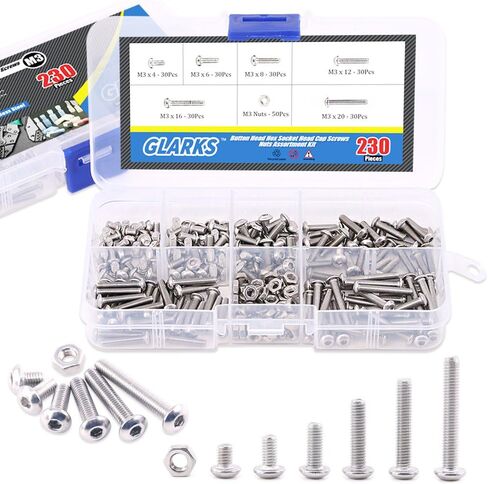Glarks 230 قطعة M3 من الفولاذ المقاوم للصدأ Allen Hex Drive زر رأس مقبس غطاء مسامير وصواميل مجموعة متنوعة (M3) in Saudi Arabia