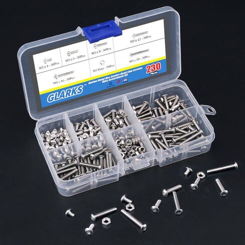 Glarks 230 قطعة M3 من الفولاذ المقاوم للصدأ Allen Hex Drive زر رأس مقبس غطاء مسامير وصواميل مجموعة متنوعة (M3) in Saudi Arabia