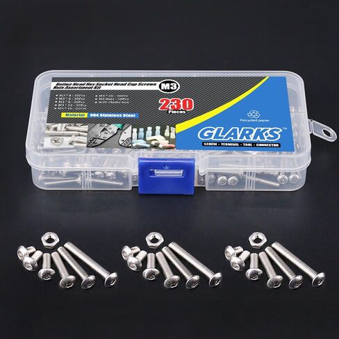 Glarks 230 قطعة M3 من الفولاذ المقاوم للصدأ Allen Hex Drive زر رأس مقبس غطاء مسامير وصواميل مجموعة متنوعة (M3) in Saudi Arabia
