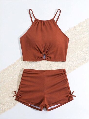 Girl's 2 Piece Swimsuits O Ring Drawstring Sleeveless Cute Bikini Set High Waisted Bathing Suit in Saudi Arabia