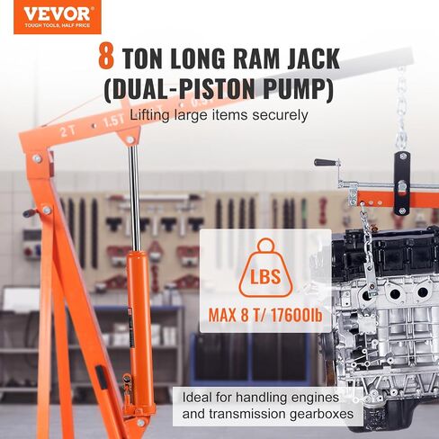 VEVOR Hydraulic Long Ram Jack, 8 Ton Engine Hoist Cylinder with Double Piston Pump and Clevis Base, Hydraulic Ram Cylinder for Engine Lift Hoists, Hydraulic Garage/Shop Cranes, Mechanical, Farm in Saudi Arabia