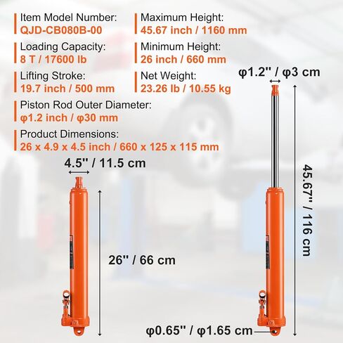 VEVOR Hydraulic Long Ram Jack, 8 Ton Engine Hoist Cylinder with Double Piston Pump and Clevis Base, Hydraulic Ram Cylinder for Engine Lift Hoists, Hydraulic Garage/Shop Cranes, Mechanical, Farm in Saudi Arabia