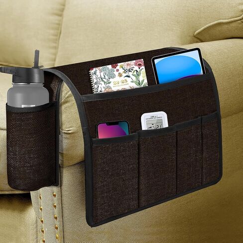 Joywell Armchair Caddy Organizer with Bottle Holder,Remote Contral Holder for Couch Recliner Armrest Organizer Sofa Arm Chair Caddie with 7 Pocket Storage for Magazine, Phone, iPad, Dark Brown in Saudi Arabia
