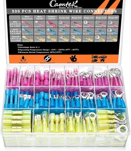 330 قطعة من موصلات الأسلاك المنكمشة بالحرارة، موصلات مؤخرة منكمشة بالحرارة من الدرجة البحرية، طقم أطراف أسلاك كهربائية مقاومة للماء 22-10 AWG معزولة بحلقة شوكة ووصلات لشاحنة القوارب in Kuwait