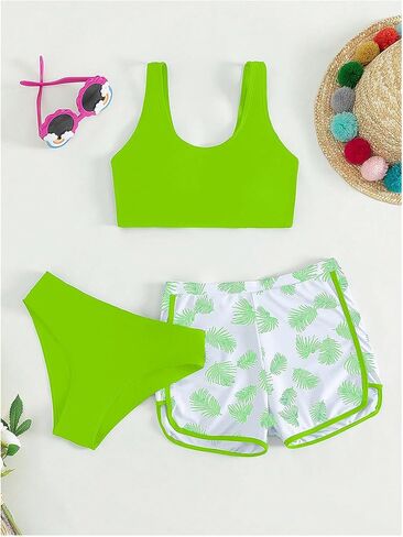 SOLY HUX Girl's 3 Piece Swimsuits Beach Sport Quick Dry Swimwear Bikini Bathing Suit with Shorts Lime Green Tropical 12Y in Saudi Arabia