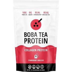 Boba Tea Protein Strawberry Hibiscus Collagen | 30 Servings | Grass-Fed Hydrolyzed Bovine Collagen for Men and Women | Promotes Hair, Nail, Skin, Bone, and Joint Health | No Added Sugar