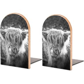 Black White Highland Cow Wooden Bookends Non-Skid Book Stands Book Holder Book Ends Supports Bookshelf Shelves Decor 1 Pair
