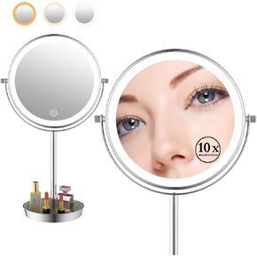 LANSI 8" Lighted Makeup Mirror with Lights and Magnification,1X/10X Magnifying Mirror with Light,Vanity Mirror with Jewelry Holder and Storage Base,3 Color Lights,Dimmable,Touch Control Black