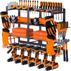 4 طبقات كبيرة لتنظيم أدوات الطاقة على الحائط، سعة الوزن 180+ رطل، منظم أدوات لاسلكي مع 6 حامل مثقاب، رف تخزين أدوات الطاقة المعدنية الثقيلة للمرآب (أسود) in Kuwait