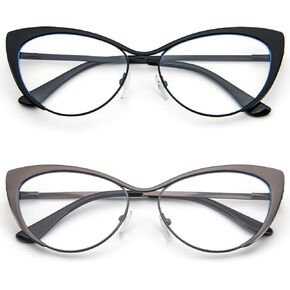 KoKoBin Cat Eye Reading Glasses - 2 Pairs Metal Frame Glasses Spring Hinge Readers with Leather Pouch for Men and Women