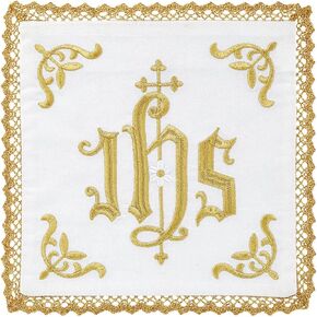 Elegant IHS Embroidered Chalice Pall - 100% Cotton with Gold Lace - 7" Square
