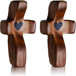 LINCAN Cross My Heart, Encouragement Gift, Relieve Anxiety, Black Walnut Wooden Cross Fingertip Stress Relief Gifts, Pocket Cross Christian Gift Handheld Wooden Prayer Cross (2Pcs)