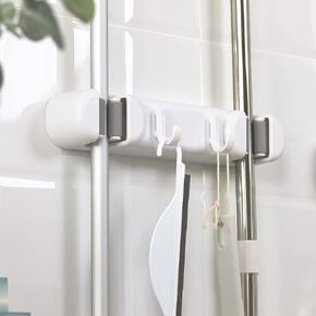Broom Holder Mop Hanger Wall Mounted, No Drilling Mop and Broom Holder Wall Mounted with 2 Hooks, Storage Organizer for Home Laundry Room