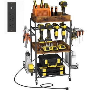 عربة تنظيم أدوات الطاقة من ميلوس، رف رف للحفر 4 جراج، منظم أدوات كهربائية مع محطة شحن، عربة تنظيم الأدوات مع عجلات، عربة أدوات صندوق الأدوات للميكانيكي، بني in Kuwait