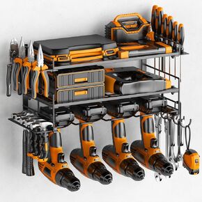 منظم أدوات الطاقة على الحائط - حامل مثقاب عالي التحمل - حامل أدوات ورف تخزين لتنظيم المرآب، رف شماعات مثقاب لاسلكي 3 طبقات مع مفك براغي/زردية/حامل مطرقة in Kuwait