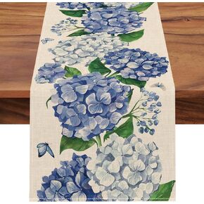 Seliem Spring Hydrangea Floral Flowers Table Runner, Blue Butterfly Kitchen Dining Table Decor, Seasonal Summer Burlap Home Decoration Indoor Outdoor Party Supply 13 x 36 Inches