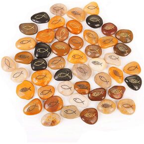 ROCKIMPACT 50PCS Jesus Fish Cross Christian Ichthys Ichthus Engraved Inspirational Rocks Faith Worry Stones Gratitude Rocks Healing Stones Wholesale Bulk Gifts Fish Cross Rocks, 2"-3" ea