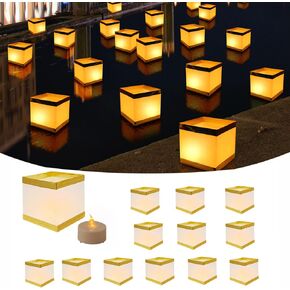 12Pack Reusable Floating Water Lanterns, Square Lanterns with LED Flameless Candles,Table Lanterns Decorative Outdoor for Weeding,Lawn,Pool ,Wishing