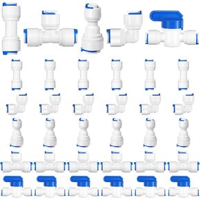 30 Pack 1/4" Tube OD Quick Connect Fittings Push In to Connect Fittings for RO Water Reverse Osmosis System Water Tube Fitting, Ball Valve + T + I + I + L Type Combo