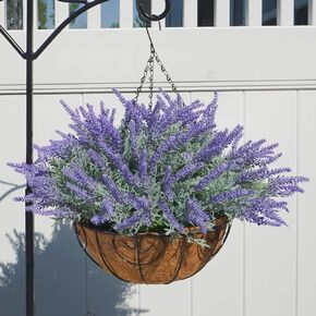 Artificial Fake Hanging Plants Flowers for Outdoor Summer Decor, 12 Bundles Faux Purple Lavender Flowers with Hanging Basket Look Real UV Resistant Plants for Porch Balcony Patio Garden Yard