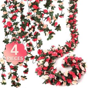 4 Pcs 32.8FT Flower Garland,Rose Garland,Pink Flower Garland,Flower Garland Decorations,Flower Vines for Decoration, Wedding, Garden, Wall Decoration,Backdrop,Bedroom,Birthday Party