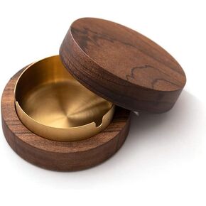 Retro Style Wooden Ashtray with Lid, Stainless Steel Liner Ashtrays Smell Proof Smokeless Ashtray Portable Windproof Wood Ashtray Car Round Ashtray for Home and Office (Black)