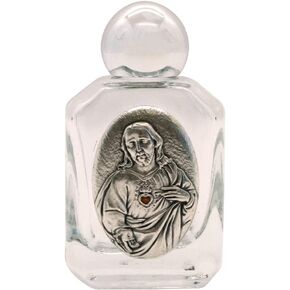 Mini Sacred Heart Holy Water Bottle with Twist-On Mirrored Cap | Metal Plaque of the Sacred Heart of Jesus on Glass Bottle | Great Catholic Gift for First Holy Communion and Confirmation