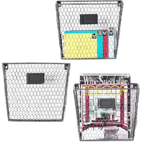 MyGift Wall Mounted Black Chicken Wire Metal Magazine Holder and Documents and Files Storage Organizer Bin with Chalkboard Label Inserts, Set of 2