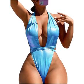 MakeMeChic Women's Holographic Metallic Criss Cross Plunge Neck Halter One Piece Swimsuit Sexy Thong Bathing Suit
