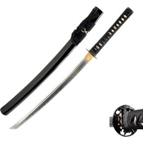 HMS Unsharpened Iaito Trainging Wakizashi Sword, Handmade, Aluminium Alloy Blade, Full Tang, Brass Fittings, Alloy Bamboo Design Tsuba, Black Scabbard
