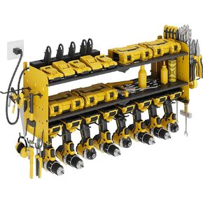 منظم أدوات الطاقة مع محطة شحن، حامل جداري للمرآب 8 مثقاب، 3 طبقات رف أدوات معدني عالي التحمل مع 8 منافذ شريط طاقة، رف أدوات للوحة مفك البراغي، أصفر in Kuwait