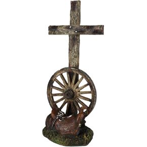 Ebros Gift Country Western Wagon Wheel And Cowboy Horse Saddle Rested Against Rugged Cross Desktop Plaque Figurine Old Fashioned Rustic Decor Sculpture