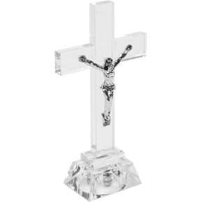 Ciieeo Crystal Standing Cross Decor, Jesus Crucifix Statue Praying Religious Figurine Handmade Glass Holy Cross Jesus Ornament Catholic Display Resin Tabletop Home Decor