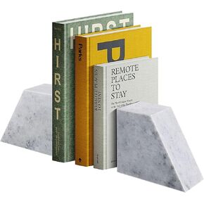 Flexzion Marble Bookends White Elegant Book Holder, 2-Piece Non-Skid Heavy Book Ends, Modern Decorative Book Stopper, Triangular with Gold Accent for Bookshelf, Desk, & Home Decor