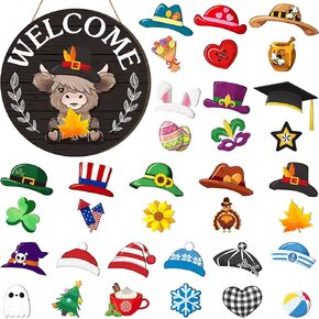 Vicenpal 35 Pcs Interchangeable Highlands Cow Welcome Sign Hanging Seasonal Cow Head Wooden Front Door Decor with 17 Interchangeable Hat 17 Magnet Swappable Pieces for Farmhouse Holiday(Black)