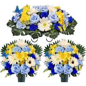 Artificial Cemetery Flowers Bouquet and Headstone Flower Saddle for Grave,Long-Lasting Bright Color, Graveyard Decoration-Rose Gerbera Daffodil,Cute Fake Butterfly Included,Blue/White