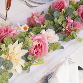 Pink Artificial Flower Garland Decor, 6.07Ft Eucalyptus Greenery Garland with Flowers Pink Fake Flower Vines with Dahlia Rose Silk Floral for Wedding Table Centerpieces Garden Party Decor (1 Pack)