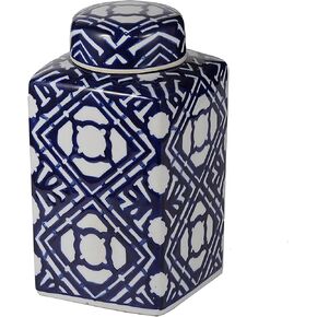 A&B Home Square Ginger Jar with Lid - Geometric Abstract Pattern, Blue and White Modern Style, Home Décor Accent Centerpeice, 10'' Tall