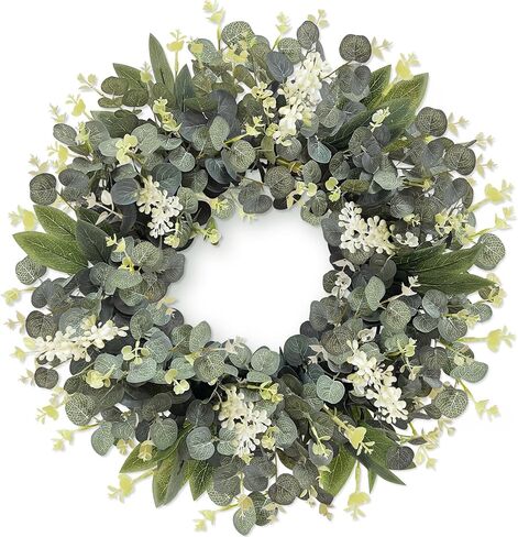 TURNMEON Artificial Eucalyptus Wreath, Summer Wreaths for Front Door with White Berries Mixed Green Leaves Flowers Door Wreath for Farmhouse Wall Window Greenery Summer Wreath DIY All Seasons 18 Inch in Saudi Arabia