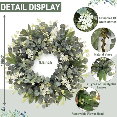 TURNMEON Artificial Eucalyptus Wreath, Summer Wreaths for Front Door with White Berries Mixed Green Leaves Flowers Door Wreath for Farmhouse Wall Window Greenery Summer Wreath DIY All Seasons 18 Inch in Saudi Arabia