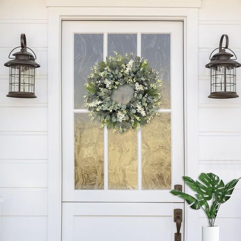 TURNMEON Artificial Eucalyptus Wreath, Summer Wreaths for Front Door with White Berries Mixed Green Leaves Flowers Door Wreath for Farmhouse Wall Window Greenery Summer Wreath DIY All Seasons 18 Inch in Saudi Arabia