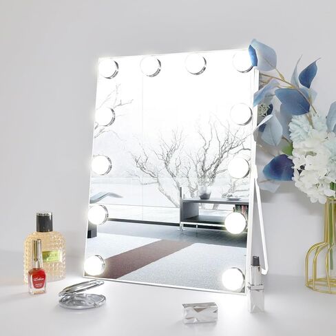 Hollywood Style Vanity Mirror with 12 LED Lights - Compact 10"x12" Makeup Mirror, Dimmable Bulbs, 3 Lighting Modes, Touch Control, 360° Swivel, Lightweight & Elegant White in Saudi Arabia