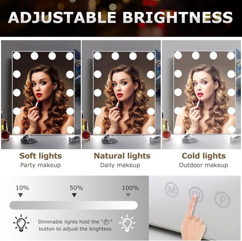 Hollywood Style Vanity Mirror with 12 LED Lights - Compact 10"x12" Makeup Mirror, Dimmable Bulbs, 3 Lighting Modes, Touch Control, 360° Swivel, Lightweight & Elegant White in Saudi Arabia