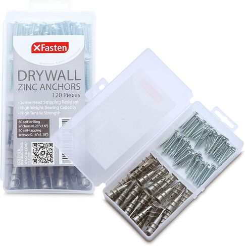 XFasten Zinc Drywall Anchors and Screws Kit, Self Drilling (120 Pieces) Heavy-duty Self-Drilling Zinc Drywall Anchors for Drywall, Sheetrock, Gypsum in Saudi Arabia
