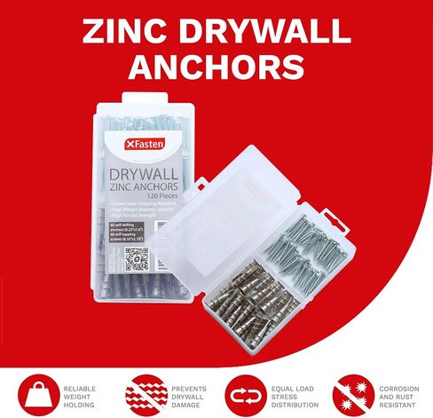 XFasten Zinc Drywall Anchors and Screws Kit, Self Drilling (120 Pieces) Heavy-duty Self-Drilling Zinc Drywall Anchors for Drywall, Sheetrock, Gypsum in Saudi Arabia