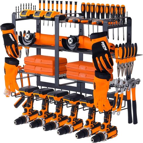 4 طبقات كبيرة لتنظيم أدوات الطاقة على الحائط، سعة الوزن 180+ رطل، منظم أدوات لاسلكي مع 6 حامل مثقاب، رف تخزين أدوات الطاقة المعدنية الثقيلة للمرآب (أسود) in Kuwait