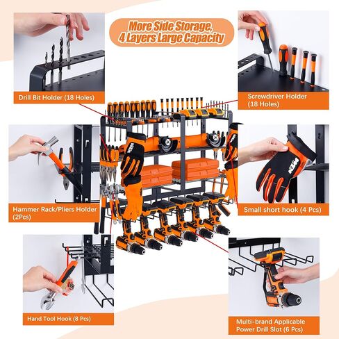 4 طبقات كبيرة لتنظيم أدوات الطاقة على الحائط، سعة الوزن 180+ رطل، منظم أدوات لاسلكي مع 6 حامل مثقاب، رف تخزين أدوات الطاقة المعدنية الثقيلة للمرآب (أسود) in Kuwait